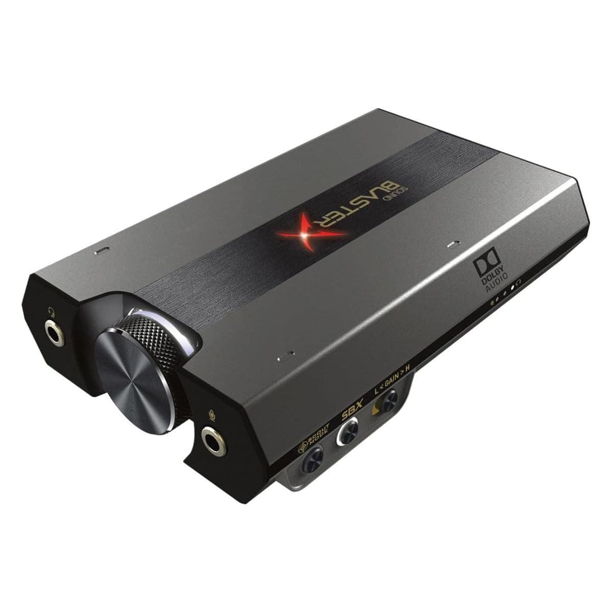 Creative Sound BlasterX G6 màu đen, đặt nghiêng, có núm âm lượng lớn và các cổng tai nghe, mic ở mặt trước.
