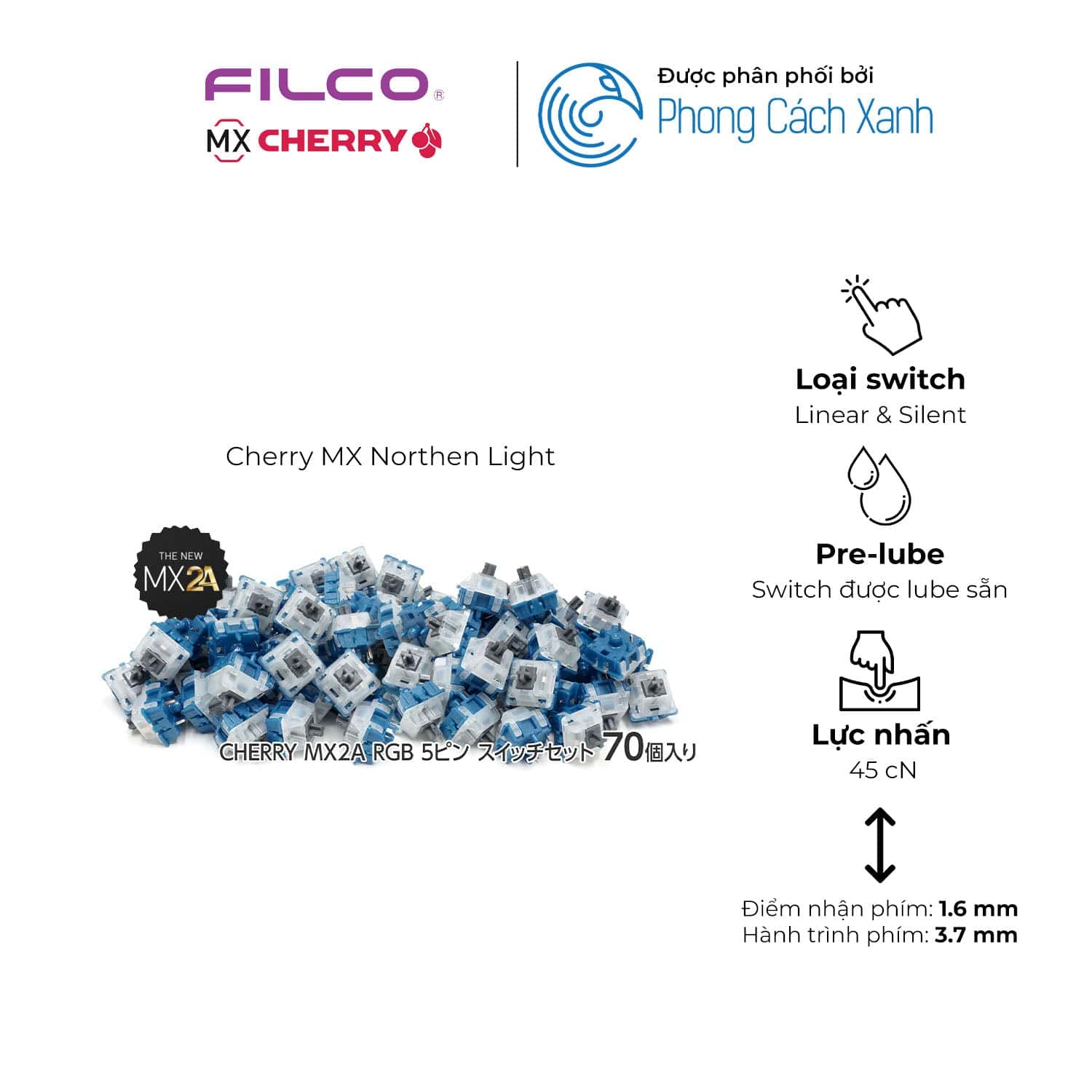 Cherry MX2A RGB – Switch pre-lube Gold Crosspoint (70 chiếc)