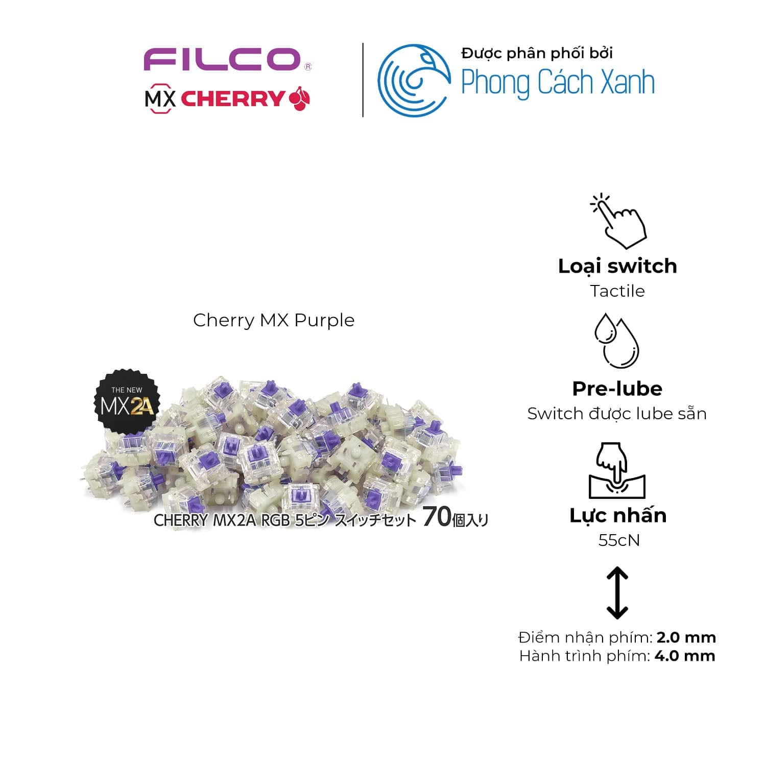 Cherry MX2A RGB – Switch pre-lube Gold Crosspoint (70 chiếc)