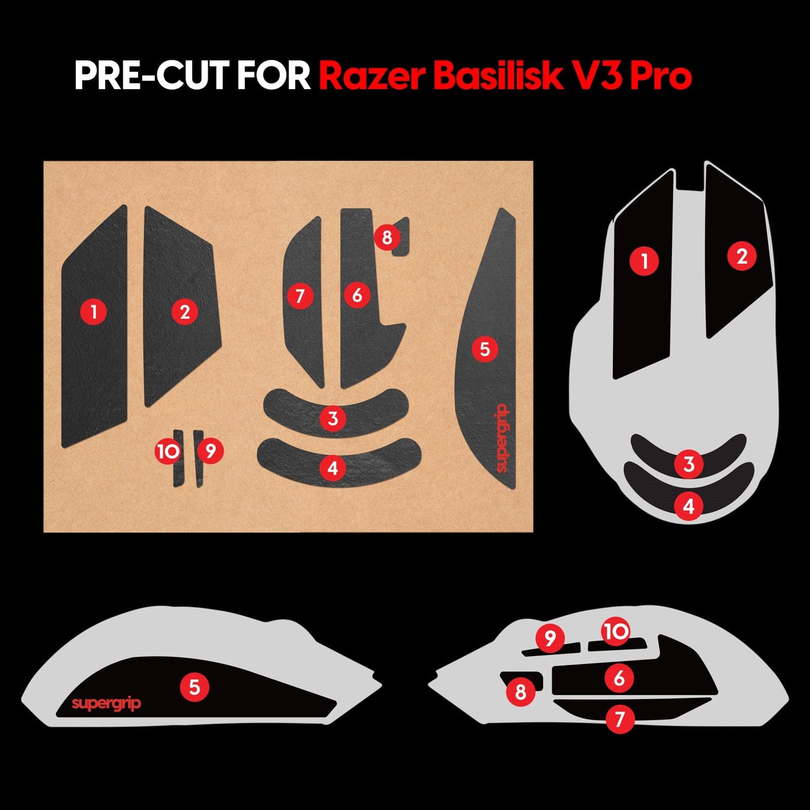 Miếng dán chống trượt Pulsar Supergrip - Grip Tape Precut for Razer Basilisk V3 Pro.