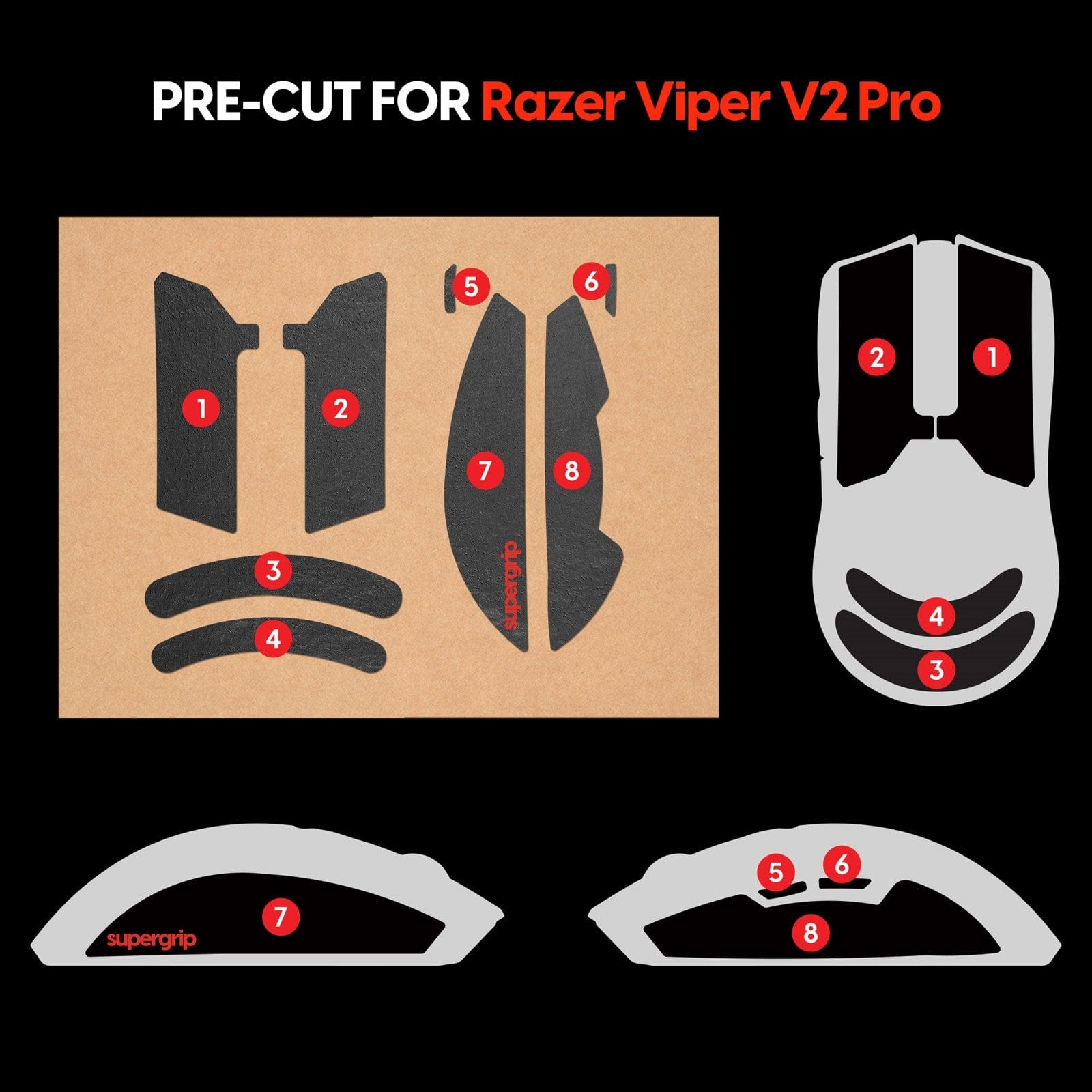 Miếng dán chống trượt Pulsar Supergrip - Grip Tape Precut for Razer Viper V2 Pro.