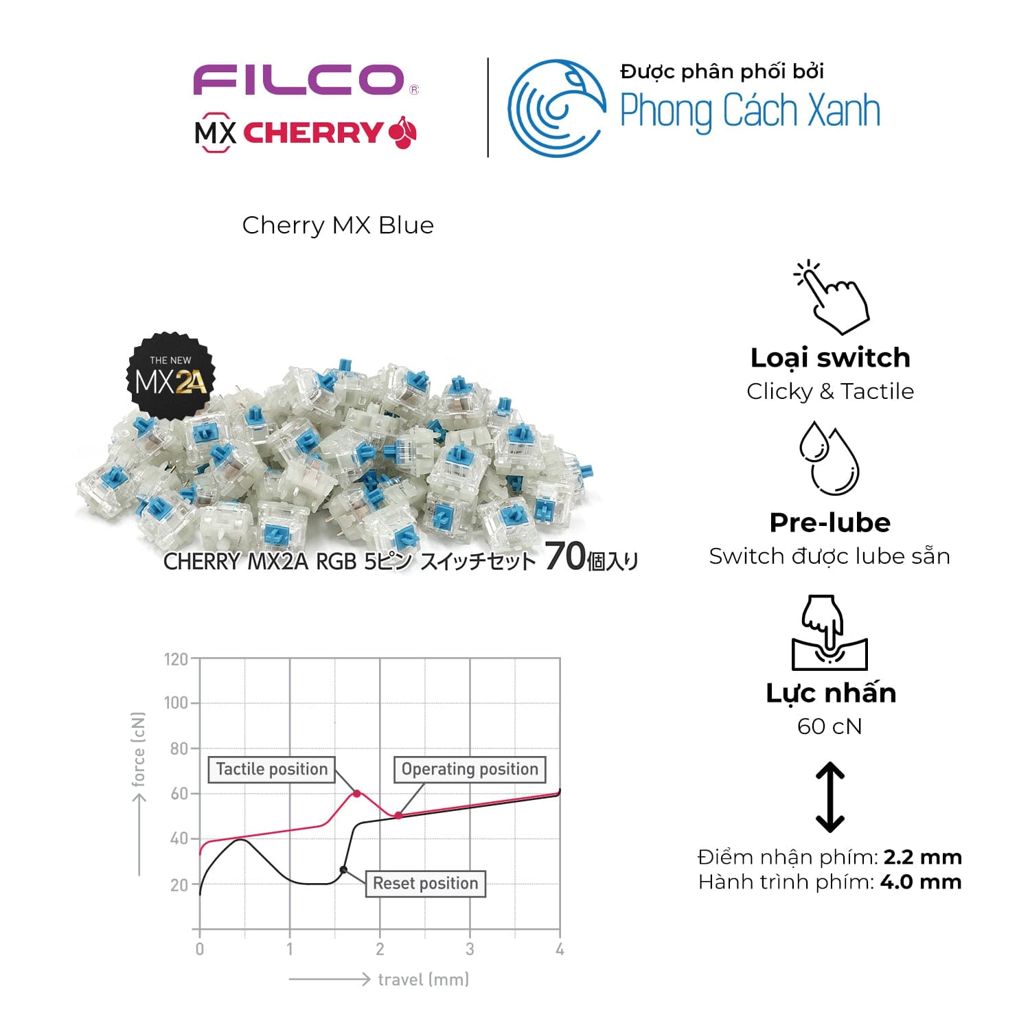 Switch bàn phím cơ Cherry MX2A RGB | Pre-lube (Hộp 70 switch).