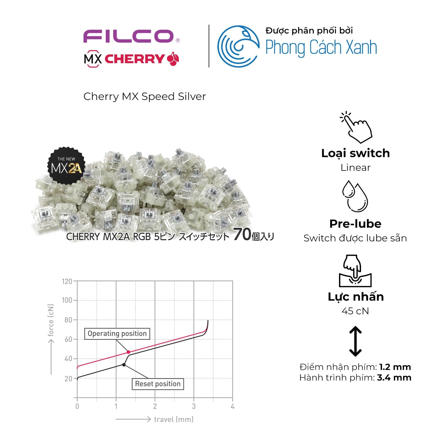 Switch bàn phím cơ Cherry MX2A RGB | Pre-lube (Hộp 70 switch)