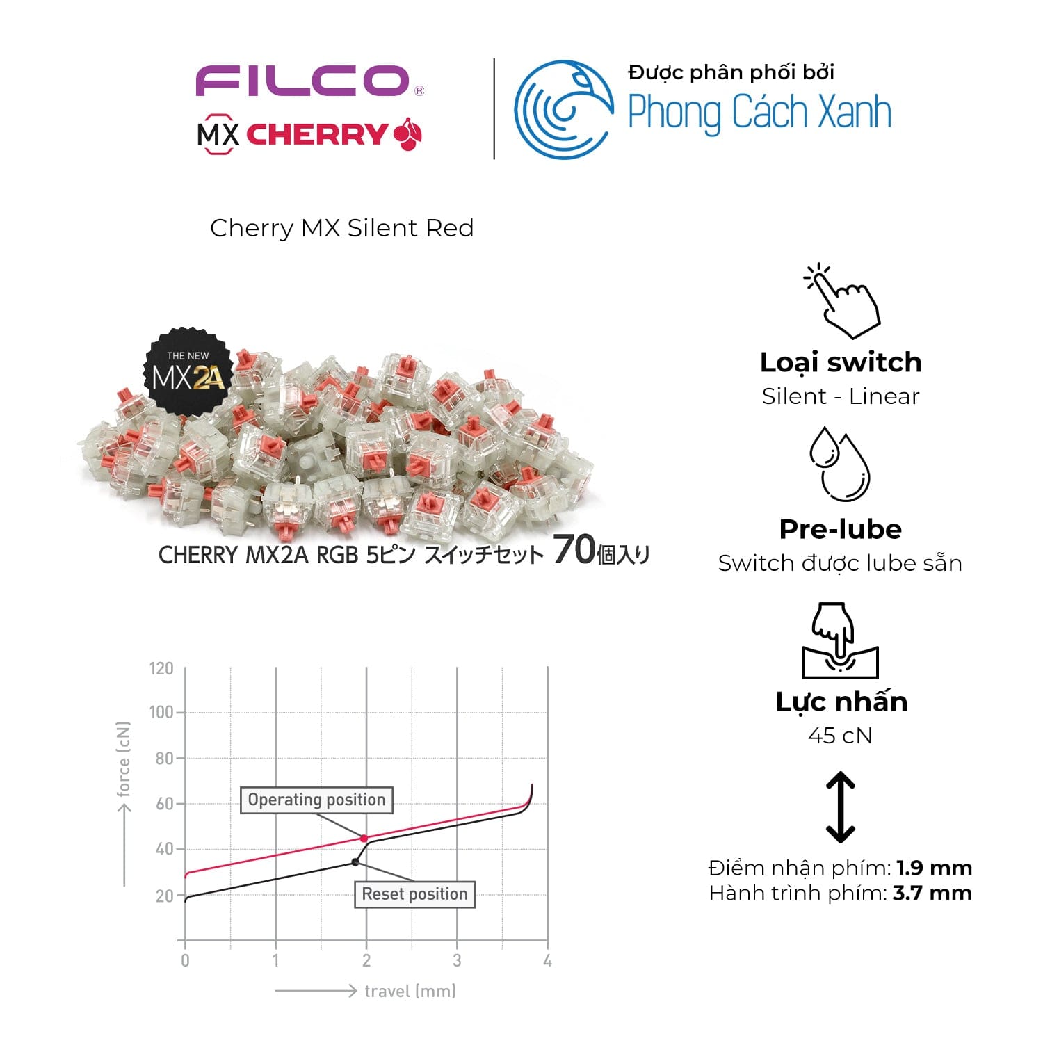 Switch bàn phím cơ Cherry MX2A RGB | Pre-lube (Hộp 70 switch).