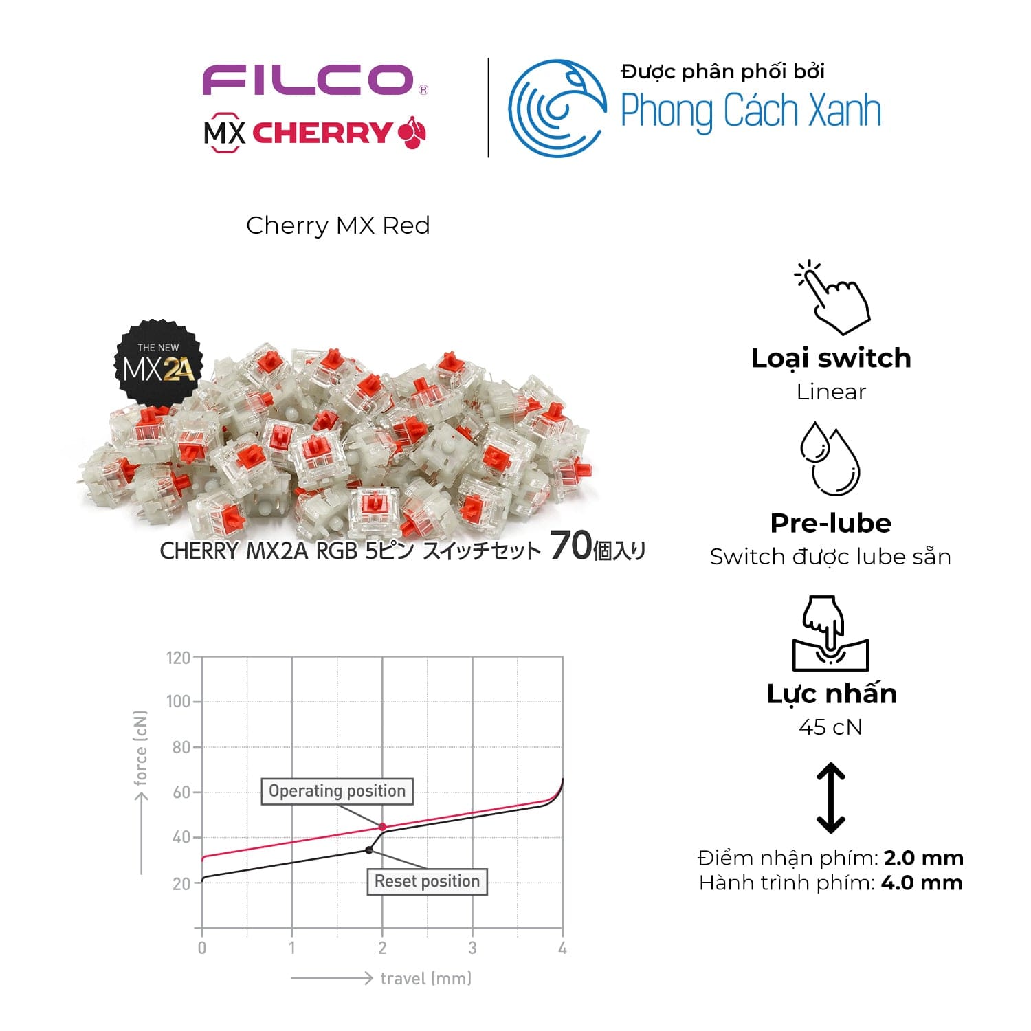 Switch bàn phím cơ Cherry MX2A RGB | Pre-lube (Hộp 70 switch).