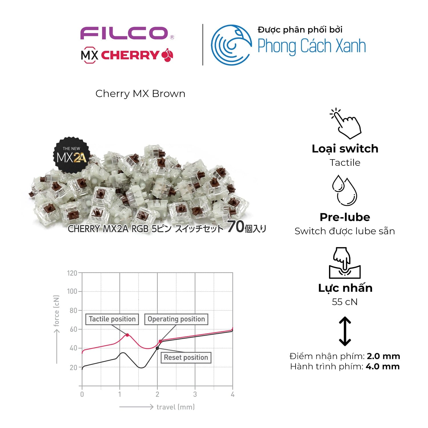 Switch bàn phím cơ Cherry MX2A RGB | Pre-lube (Hộp 70 switch).