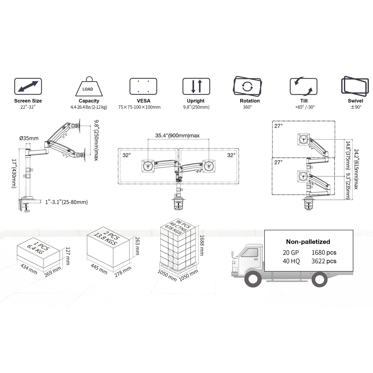 Tay đỡ 2 màn hình North Bayou H180 (22-32").